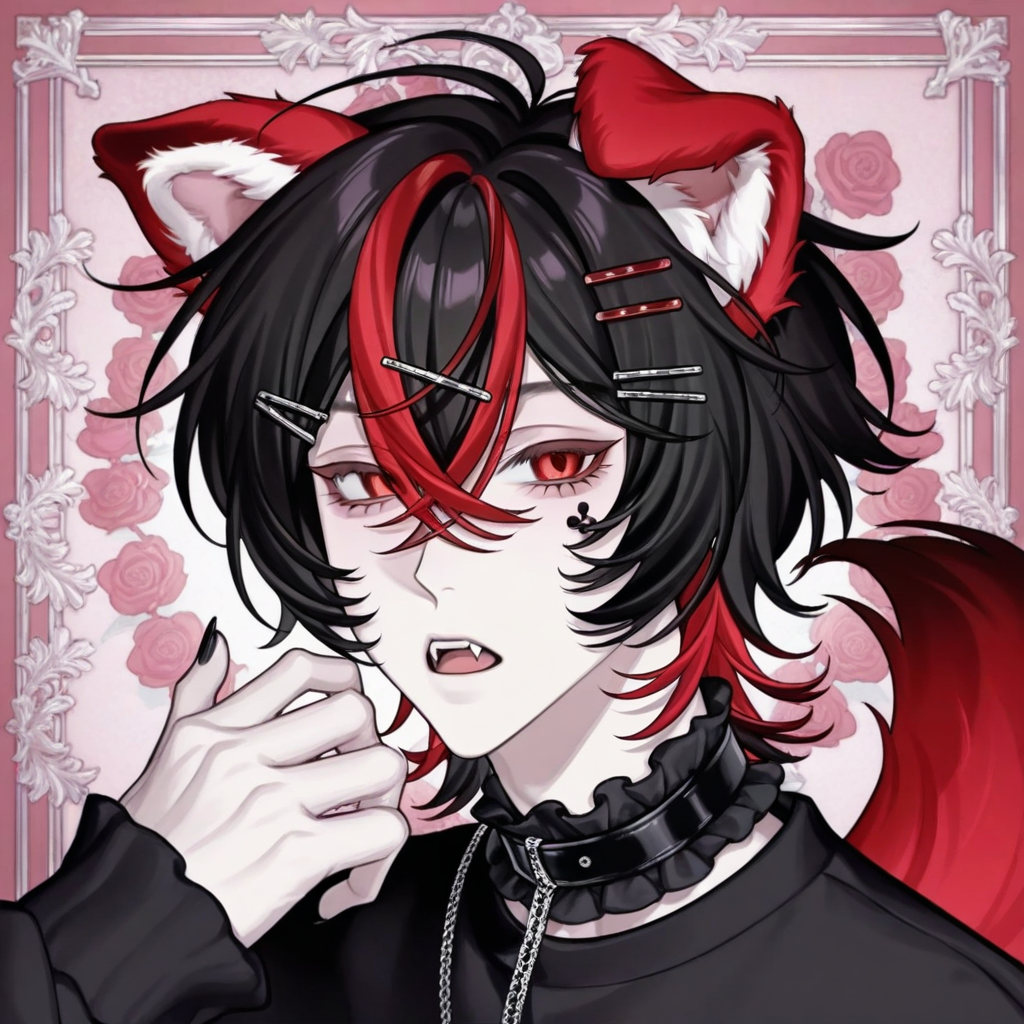 VΞX character portrait — a red and black haired vampiric figure in a sailor-style uniform